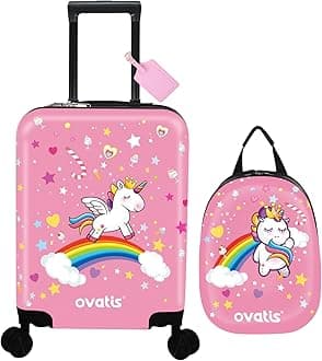 Kid Luggage Case and Backpack with Luggage Tag 18 Inch Suitcase and 13 Inch Backpack Suitcase for Girls (Pink, Unicorn)