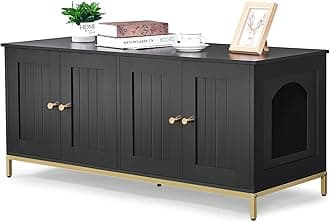 Homhedy Cat Litter Box Enclosure for 2 Cats, Cat Washroom Furniture with Double Room, Pet House with Metal Frame, 47.2”L x 17.7”W x 21.7”H, Black and Gold