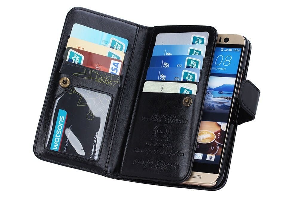 HTC One M10 Multi-Function Phone Wallet Case , TaoFilm Pro Premium PU Leather Wallet Bag Case [2 in 1 Magnetic Detachable Back Cover Flip] [ 9 Card Slots] [Wrist Strap] For HTC One M10 (Black)
