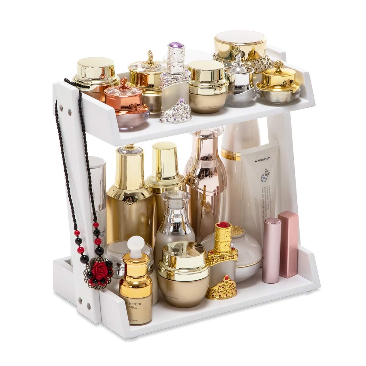 GOBAM Bamboo Makeup & Countertop Organizer, Small - 2 Layer Cosmetics, Lipsticks, Jewelry, Brushes, Hair Accessories & Perfume Organizer for Dresser, Easy Assembly - White