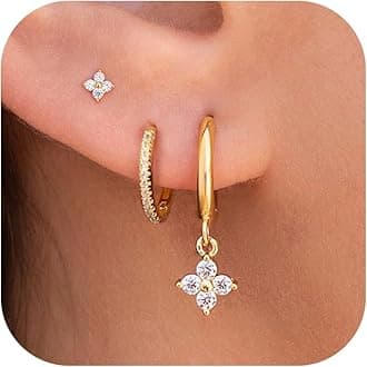 GUOKE3 Pairs Small Gold Hoop Earring, 14K Gold Plated Earring Stacks Butterfly Heart Star Moon Bow Four Leaf Rhombus Round CZ Pearl Hoop Charm Huggie Earrings for Women Trendy