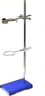 10PK Chemical Resistant Steel Lab Stand Set - Support Stand (8" x 5"), 12mm Dia. Rod (23.6" L), Cork Lined Burette Clamp with Boss Head and Retort Ring (2.5" Dia)