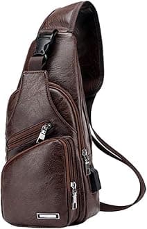 JUMO CYLY Mens Sling Bag, Leather Sling Bag with USB Charging Port Waterproof Casual Daypack Chest Crossbody Bag