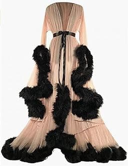 BYIYGSL Lingerie Robe Nightgown Women's Sexy Feather Bridal Robe Long Wedding Scarf Illusion Bathrobe Party Lace Sleepwear for Ladies (Color : Skin color)