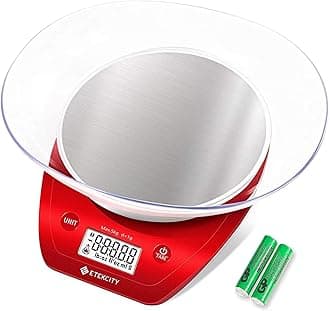Etekcity 0.1g Food Kitchen Scale, Bowl, Digital Grams and Ounces for Weight Loss, Dieting, Baking, Cooking, and Meal Prep, 11lb/5kg, Stainless Steel Red
