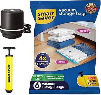 Smart Saver Polyamide Polyethylene Vacuum Compression Bags|Vacuum Storage Bags|Vacuum Bags For Travel|Space Saver Vacuum Bags(3Jumbo + 3Large With Electric And Manual Handpump),White