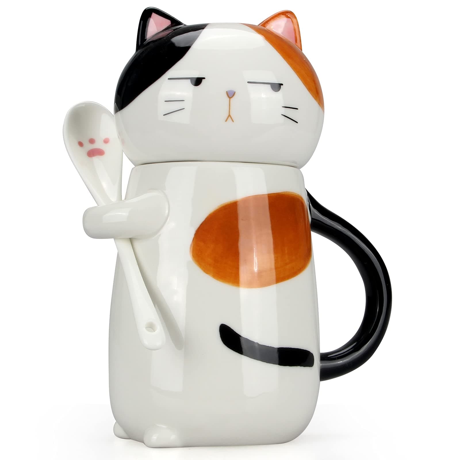 Large Cute Ceramic Coffee Mug with Lid and Spoon Fun Cat Cup for Women Ladies Unique 3D Kawaii Cat Coffee Mugs Lover Mom Gift Animal Funny Christmas Cups Adorable Porcelain Girls Novelty Mug