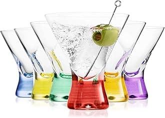 BENETI European Made Colored Martini Glasses Set of 6 Stemless Cocktail Glasses - 8 Oz, Dishwasher Safe, Crystal Glass Cups for Partys