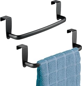 Steel Metal Wire Over Cabinet Towel Rack Storage Organizer - Hang on Cabinet or Door - Towel Bar Holder for Kitchen - Holds Hand Towels, Washcloths - Spira Collection, 2 Pack, Matte Black