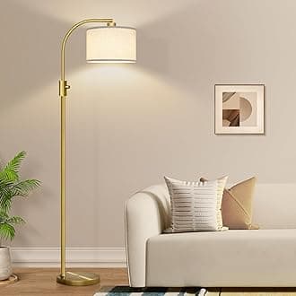 Nintiue Upgraded Modern Arc Dimmable Tall Standing Floor Lamp with Linen Shade, 1200 Lumens LED Bulb Included, for Living & Reading Room, Bedroom, Office & Nursery, Brass