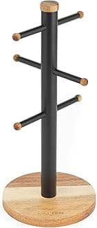 Salter Toronto Mug Tree & Kitchen Roll Holder - Acacia Wood Countertop Stand, 6 Brand Display for Coffee Mugs, Freestanding, Kitchen Storage, Worktop Organiser, Black