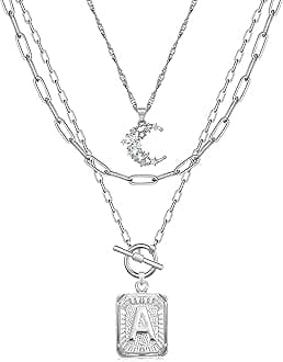 Layered Initial Necklaces for Women Trendy, 14K Gold Plated Brass Simple Moon Choker Square Letter Pendant Necklace, Paperclip Chain Necklaces Jewelry Gifts