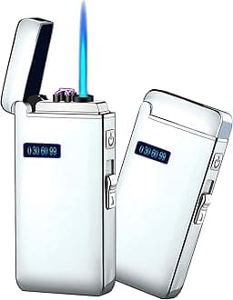 Electronic Lighter Jet Flame Torch Lighters 2 in 1, Refillable Butane Electric USB Rechargeable, Premium Windproof with LED Display Power Infinity for BBQs,Candle,Camping Indoor (Silver Ice)