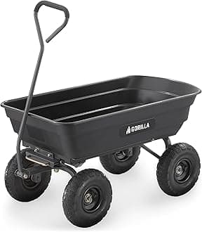 Gorilla Carts Poly Garden Dump Cart, 4 Cu Ft Tub, 600 lb Haul Capacity, Black – Heavy-Duty Utility Wagon with Quick-Release Dumping & Pneumatic Tires for Yard, Landscaping and Gardening