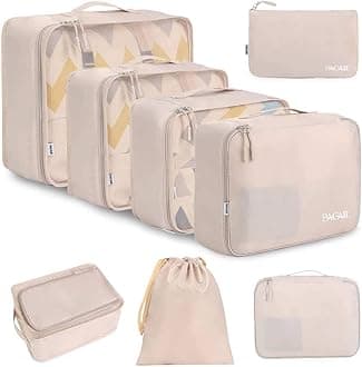 BAGAIL 8 Set Packing Cubes, Lightweight Travel Luggage Organizers with Shoe Bag, Toiletry Bag & Laundry Bag (Cream)