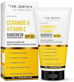 Dr. Sheth's Ceramide & Vitamin C Sunscreen | In-Vivo Tested | Protects, Moisturizes & Brightens Skin | SPF 50+ PA++++ | Lightweight, Leaves No White Cast | 50 g