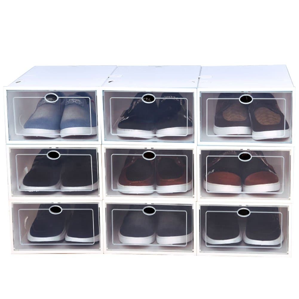 Shoe Box 9 Pack Foldable Stackable Storage Clear Plastic Box White