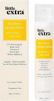 little extra Rice Berry Sunscreen, Spf 50 Pa++++, Uva/B, Fast Absorbing, With Niacinamide, Kojic Acid, Vitamin C, Black Rice Water For Bright, Glowing Skin, No White Cast, Light Weight, 50G, All