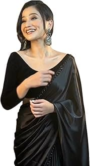 Women's Ready to Wear Satin Silk 1 Minute Pre Pleated Heavy Saree with Designer Lace (Black), Free Size, One Size