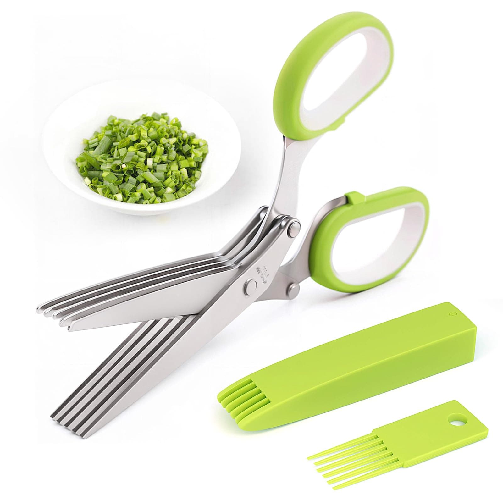 Herb Scissors, Kitchen Shears with 5 Blades and Cover, Multipurpose Cutting, Dishwasher Safe, Used for cutting herbs and paper, Green
