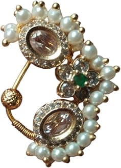 ArtNestNath Design 1 – Maharashtrian Traditional AD Stone Nose Pin in Golden Brass (Nath Design 2 - AD)