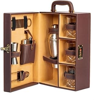 Abrazo Faux Leather 8 Pcs Portable Bar Set | Bartender Kit | Bar Accessories | Mini BarSet for Car & Travel | Brown with 3 Whiskey Glasses | Gift | Cocktail Shaker