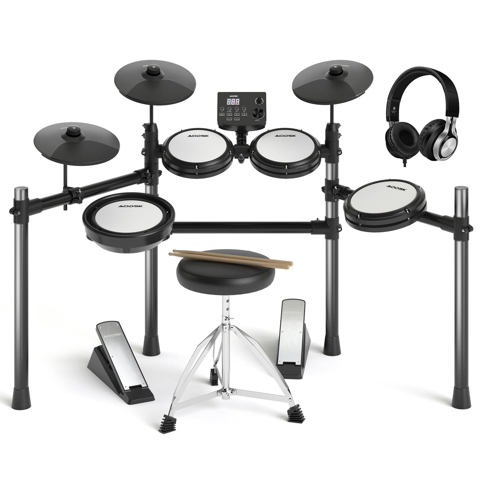 Electric Drum Set with Quiet Mesh Pads,Electronic Drum for Beginner,USB MIDI,Throne,Headphones,Sticks, Included 15 Kits and 195 Sounds (AED-403-Teenagers Beginners)
