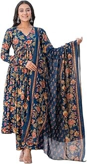 Women's Cotton Blend V-Neck Anarkali Printed Kurta with Palazzo & Dupatta