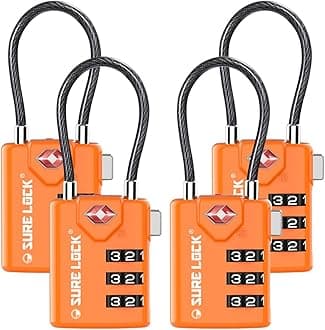SURE LOCK TSA Approved Combination Luggage Locks with Open Alert Indicator – Durable Zinc Alloy Cable Travel Locks with Large Easy-Read Dials for Suitcases, Backpacks & Gym Bags Orange 4 Pack