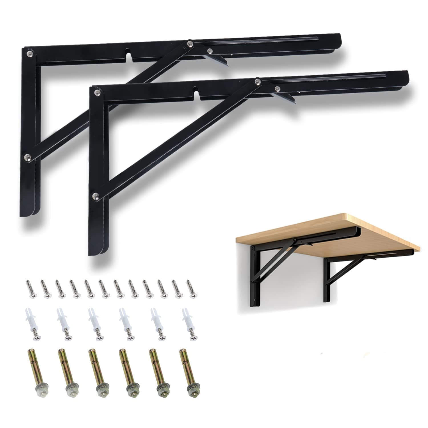16" Folding Shelf Bracket Carbon Steel Triangle Wall Mount Support Black Heavy Duty Paint Bench Table Shelf Brackets 90 Degree Hinge Shelves Tables 220 lb / 100KG Load Pack of 2 with Screw