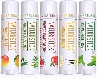 5-Pack Lip Balm Gift Set by Naturistick. Assorted Flavors. 100% Natural Ingredients. Best Beeswax Chapsticks for Dry, Chapped Lips. Made in USA for Men, Women and Children