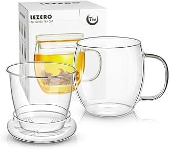 Lezero Glass Tea Cups with Infuser and Lid Kit, Heat Resistance Teacup with Filter for Brewing Blooming & Loose Leaf-Tea, Lead-free, Microwave & Dishwasher Safe, 17oz