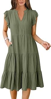 Womens Summer Dress Ruffle Sleeve V Neck Midi Dresses Fashion Casual Fit Flowy Tiered Boho Beach Vacation Sundress