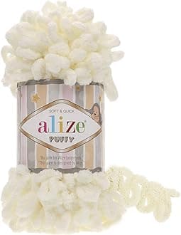 Alize Puffy Knitting Yarn 100 g, Patented Innovation, Loop Knitting without Needles, Colour: 62 Light Cream