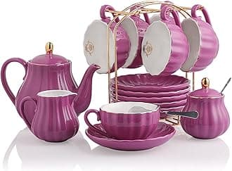 Porcelain Tea Sets British Royal Series, 8 OZ Cups& Saucer Service for 6, with Teapot Sugar Bowl Cream Pitcher Teaspoons and Tea Strainer, Suitable for High Tea, Wedding, Party,Sweejar (Blue Violet)