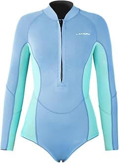 Women Wetsuit, Upgrade CR Neoprene 2mm One Piece Shorty Wetsuit, Long Sleeve Diving Suits with Front Zipper for Surfing Snorkeling Diving Swimming