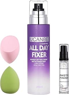 UCANBE Makeup Setting Spray + Face Primer + Make Up Sponge, Gel-Based Hydrating Primer, Lightweight, Long Lasting Matte Finishing Spray,Beauty Blender Set