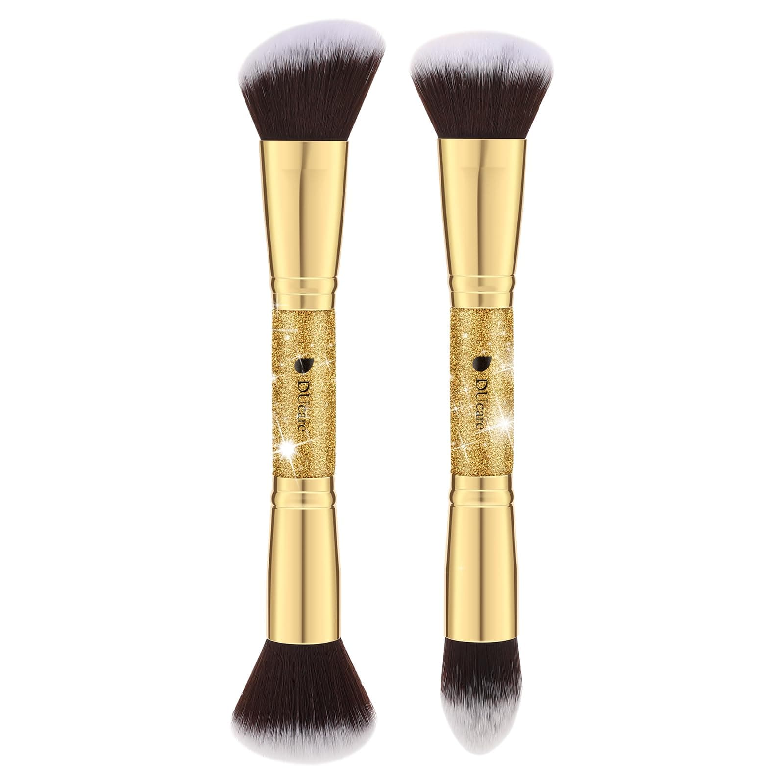 2Pcs Duo End Makeup Brushes, Synthetic Bristle Foundation Powder Buffer & Contour Brush Set, Dual Sided Face Brushes for Blending Concealer Bronzer Highlighter
