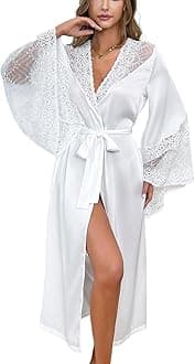 Women Elegant White Lace Kimono Robe Satin Summer Dressing Gown for Brides, Lounging, Sleepwear