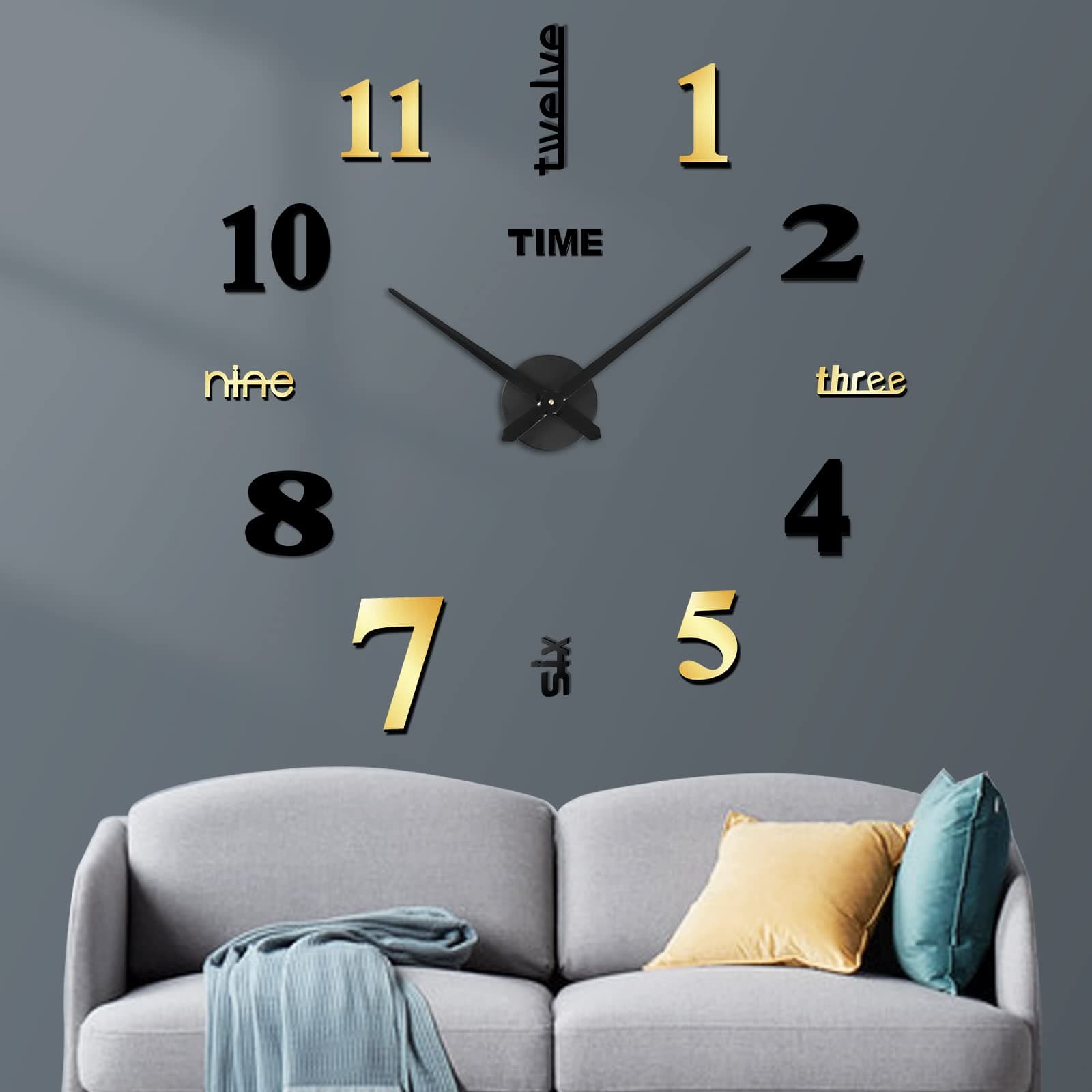 FERRISA Frameless DIY Wall Clock, 3 in 1 Large 3D Frameless Wall Clock 47 Inch, 3D DIY Clock for Living Room Bedroom Office Decor Wall Decor(Black Glod)