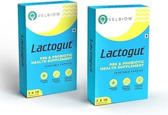VELBIOM Lactogut Probiotics Supplement For Digestive Health,Gut Health&Immunity Multi Strain&Site-Specific Pre-Probiotic Formula Helps In Ibs,Severe&Acute Digestive Conditions-60 Capsules,Pack Of 2