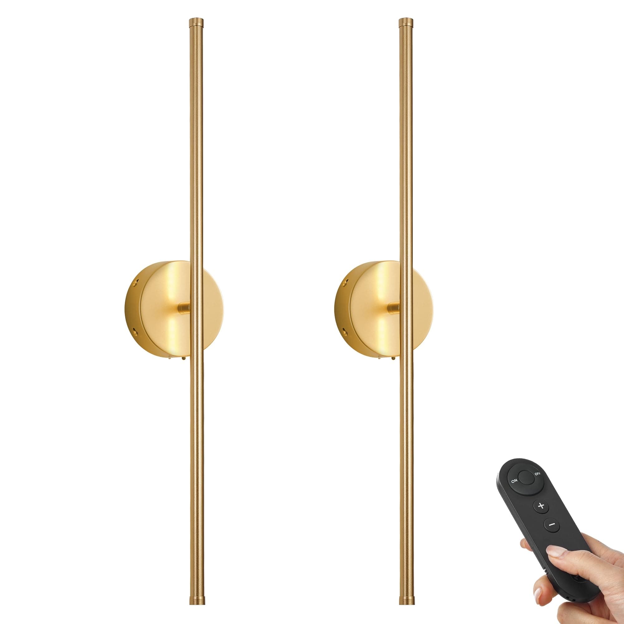 Battery Operated Wall Sconces with Remote Control, Dimmable Wall Sconces Set of Two, 350°Rotate, 3000K LED Gold Wireless Wall Light for Living Room, Bedroom, Hallway, 28.3 Inch (2 Pack)