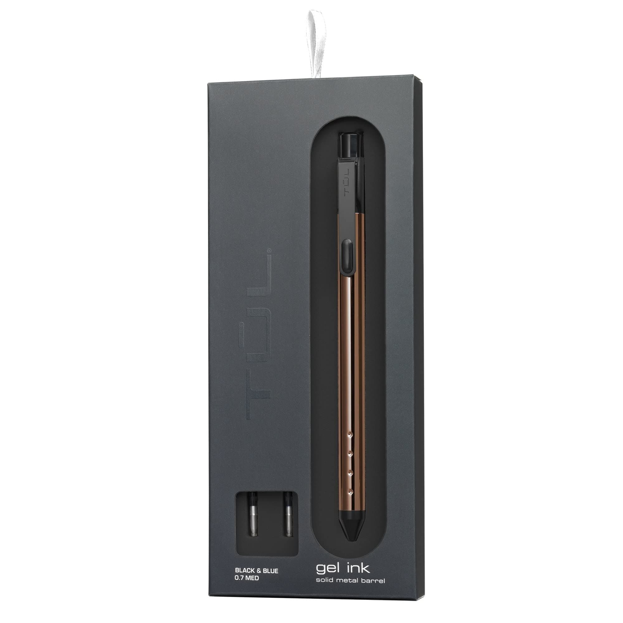 TUL® Fine Writing Solid Metal Barrel Retractable Gel Pen with 2 Refills, Medium Point, 0.7 mm, Rose Gold Barrel, Black/Blue Ink