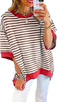 SHEWINWomens Tops Casual Short Sleeve Sweatshirt Crewneck Striped Shirt Pullover T Shirts Loose Blouses