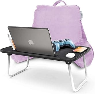 Nestl Reading Pillow with Portable Laptop Lap Desk - Shredded Memory Foam Back Support Pillow for Sitting Up in Bed and Couch Rest Pillows with Arms, Bed Tray Table with Foldable Legs, Lavender