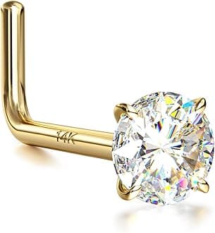 - 14K Real Gold Nose Studs, 18G 20G Solid Gold L Shaped Nose Rings, Simulated Diamond CZ Hypoallergenic Nose Piercings for Women Men 1.5 2 3MM