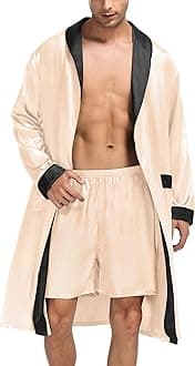 SWOMOG Men's Satin Robe with Shorts Set Silky Kimono Bathrobe Lightweight Soft Sleepwear