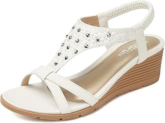 TEMOFON Women's Low Wedge Heels Summer Dressy Platform Sandals Elastic Ankle Strap Open Toe Flower Shoes