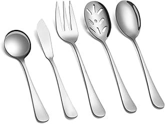 SHARECOOK 5-Piece 18/0 Stainless Steel Serving Set,Large Hostess Set with Round Edge,Mirror Finished,Dishwasher Safe -Spoons, Forks,Butter Knife& Slotted Spoon(Serving set, Silver)