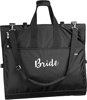 WallyBags 66” Premium Tri-Fold Carry On Destination Wedding Dress Travel Bag with multiple pockets and shoulder strap, Black w/Bride embroidery